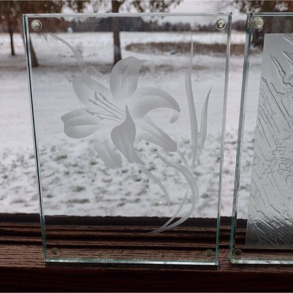 Glass Art Design Minneapolis MN Signed Floral Stucco Engraved (3) Glass Wall Art - Picture 4 of 13